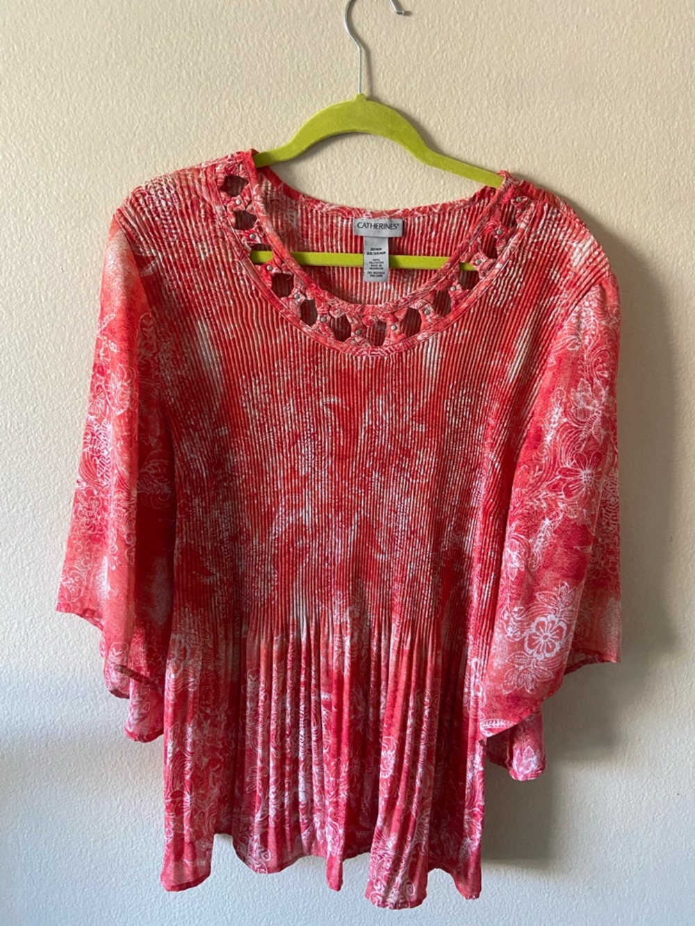 Catherines Coral Pink Floral Lace-Trim Pleated Tunic